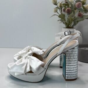 Betsey Johnson White Satin Heels with Silver Block Heel